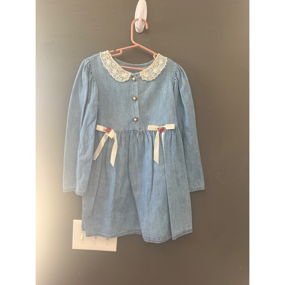 Kids Vintage Jumper Denim Dress Lace Peter Pan Collar Bow Rosebud Cottage 6X